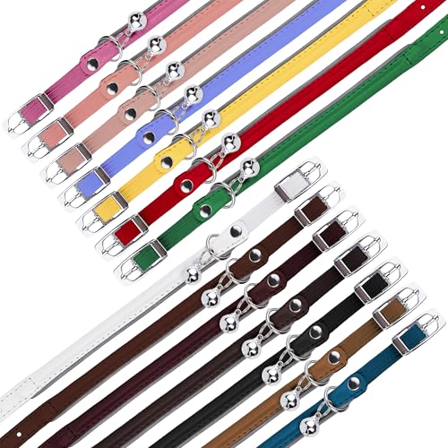 OOPSDOGGY Rolled Leather Cat Collar with Bell, Reflective Kitten Collars with Buckle Include Safety Elastic Strap - Adjustable Small Pet Collars for Boy Girl Cats (White) - color: White