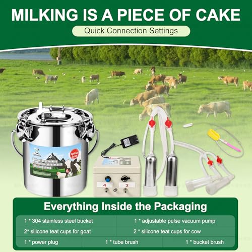 Upgrade 2-in-1 Goats and Cows Milking Machine, 1.85Gal/7L Food-Grade Stainless Steel Bucket with 5200mAh Built-in Rechargeable Battery, 4 Teat Cups, Cordless Pulsation Vaccum Electric Milking Machine - size: 7L