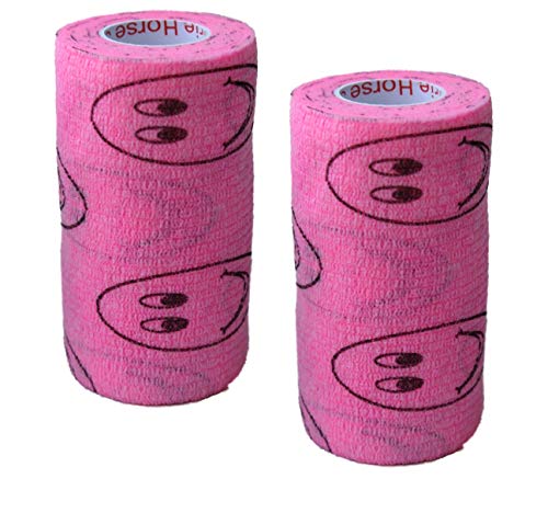 Vet Wrap Wrap Tape (Pink with Smiles) (2 Pack) (3 Inch x 15 feet) Self Adhesive Adherent Adhering Cohesive Flex Self Stick Bandage Grip Roll Dog Cat Pet Horse - color: Pink Smiles, size: 2 Rolls