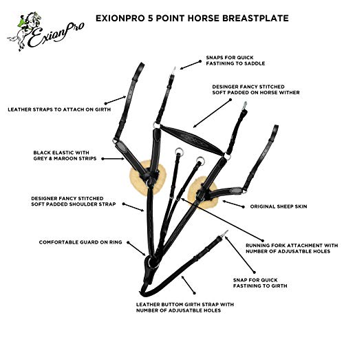 Exion 5-Point Horse Breastplate with Running Martingale | Real Sheepskin Linned | Black Elastic | Vegetable-Tanned Leather - color: Black, size: Cob/ Medium Size