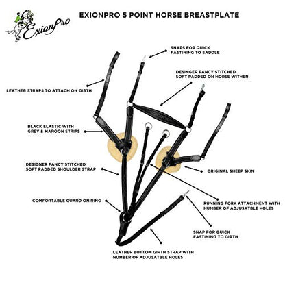 Exion 5-Point Horse Breastplate with Running Martingale | Real Sheepskin Linned | Black Elastic | Vegetable-Tanned Leather - color: Black, size: Cob/ Medium Size