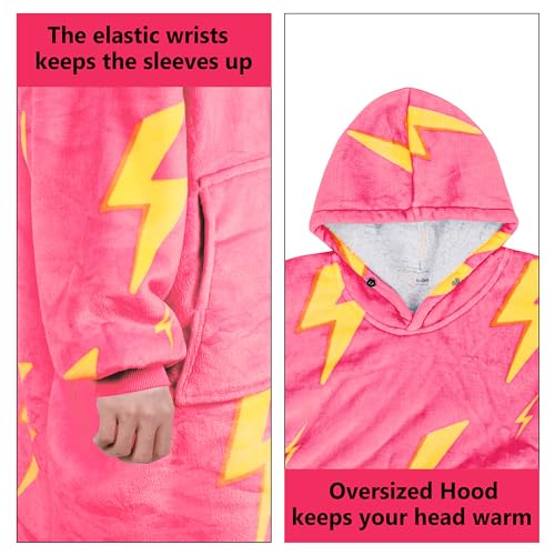 Solaris Thunder Lightning Kids Wearable Blanket Hoodie - Cozy Warm Sherpa Fleece Sweatshirt Pullover with Larger Pocket for Teens, Girls, Boys - color: Thunder Pink