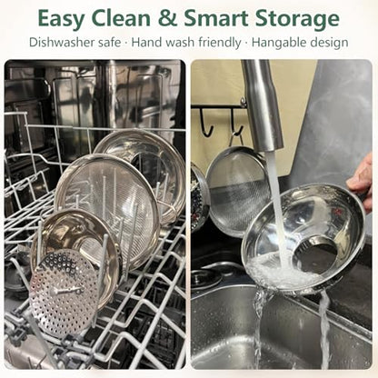 4-in-1 Canning Funnel Set, Stainless Steel Wide Mouth & Regular Funnels with Extended Stable Spout, Umbrella Strainer & Mesh Filter, Food-Grade Kit for Large Food, Jars, Oil, Kitchen Use