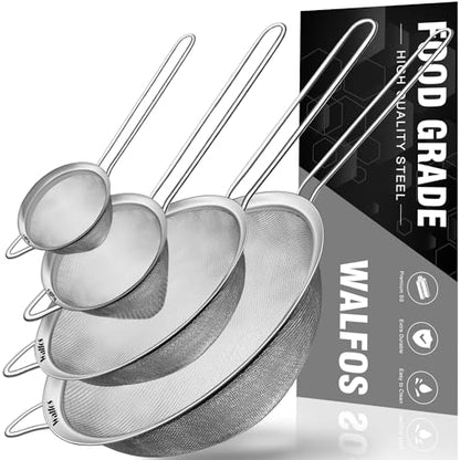 Walfos Fine Mesh Strainer 4PCS, Versatile Kitchen Strainer with Handle - 7", 4.6", 3.15", 2.7" Sieve Fine Mesh Stainless Steel, Metal Strainers and Sifters for Rice, Quinoa, Tea, Cocktail, Juice - size: 7", 4.6", 3.15", 2.7" (4pcs)