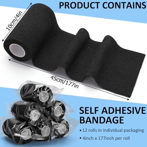 TOBWOLF 12PCS Self Adherent Bandage, 4" x5yd Cohesive Elastic Bandage Wrap - color: Black