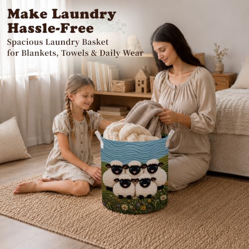 Wildflower Floral Sheep Laundry Basket, Farmhouse Farm Animal Lamb Laundry Hamper Waterproof Collapsible Clothes Storage Bin Organizer for Baby Room Bedroom Bathroom Farmhouse