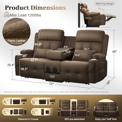 Power Reclining Loveseat Sofa with Flip Backrest Console - color: Brown Texture Finish, size: Power Loveseat