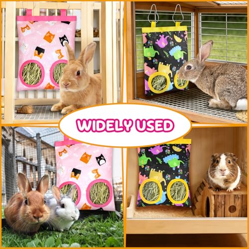 2 Pack Rabbits Hay Feeder Bag, 2 Holes Hanging Bunny Hay Feeder Guinea Pig Feeding Bag Storage Dispenser for Bunny Rabbits Chinchillas Hamsters Small Pets and Animals - color: Pink Yellow