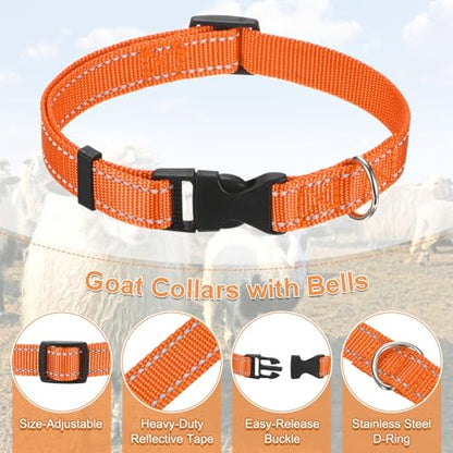 M METERXITY 6-Pack Reflective Goat Collars with Bells, 13.8"-20.5" Polyester Adjustable Pet Collar with Anti-Lost Grazing Copper Bell for Small Farm Animal/Sheep/Cow/Goat [Orange] - color: Orange