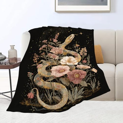 Golden Snake Blanket Fantasy Floral Reptiles Throw Blanket 80"x60" - color: Golden Snake, size: 80"x60"