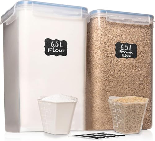 WHITE FEATHER SUPPLIES 2 PC [7 Qt / 6.5L / 220 Oz] Large Food Storage Containers with Lids Airtight - BPA Free Clear Plastic Kitchen and Pantry Storage Containers for Cereal, Flour, Sugar, Rice - color: Clear - 2 Pack