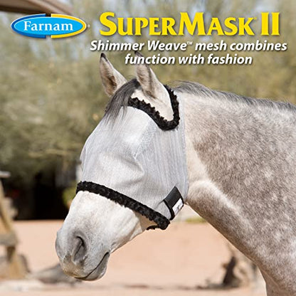 Farnam SuperMask II Shimmer Weave Mesh Horse Fly Mask Without Ears, Eye Protection from Insect Pests, Soft Silver Mesh with Black Plush Trim, Horse Size - size: Horse, style: Foal, Yearling, Small Horse/Arabian, Horse, Extra Large