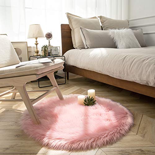 Ashler Faux Fur Rug, Pink Fluffy Shaggy Area Rug, Soft 3x3 Ft Round Sheepskin, Fuzzy Machine Washable Carpet, Nursery Rug for Kids Bedroom, Living Room - color: C-pink, size: 3' (Round)