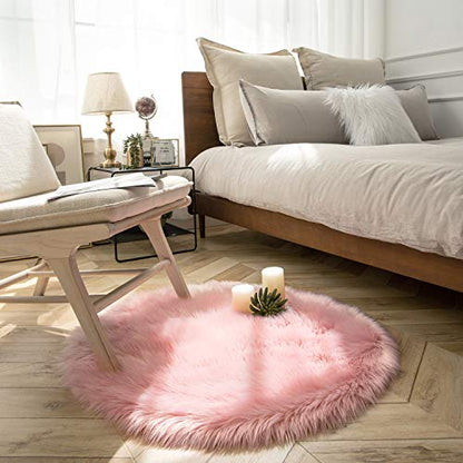 Ashler Faux Fur Rug, Pink Fluffy Shaggy Area Rug, Soft 3x3 Ft Round Sheepskin, Fuzzy Machine Washable Carpet, Nursery Rug for Kids Bedroom, Living Room - color: C-pink, size: 3' (Round)