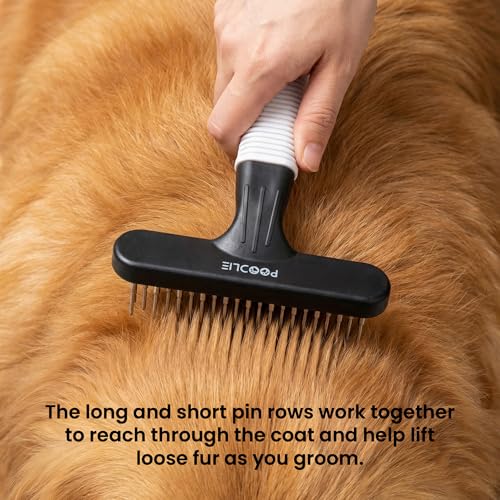 POODLIE Poodle Pet Dog Grooming Rake | Dematting Tool with Stainless Steel Shedding Comb for Pets | 2 Rows of Pins Gently Remove Loose or Tangled Hair from Undercoat (Black) - color: Black