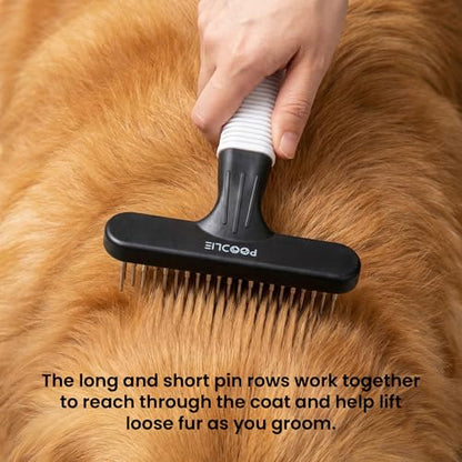 POODLIE Poodle Pet Dog Grooming Rake | Dematting Tool with Stainless Steel Shedding Comb for Pets | 2 Rows of Pins Gently Remove Loose or Tangled Hair from Undercoat (Black) - color: Black
