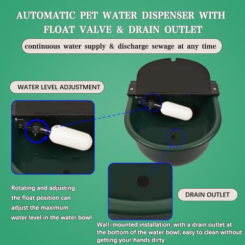 Automatic Water Dispenser for Dogs with Drain Hole & Drain Valve, 1 Gallon Auto Dog Water Bowl Outdoor with Float Valve, Hose Quick Connect Fitting, for Livestock, Chicken, Horse (Green)