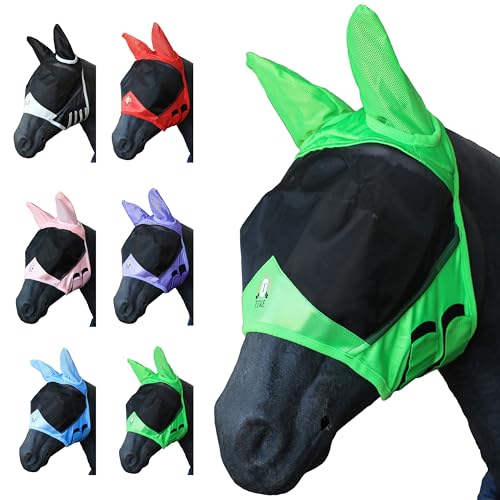 T TEKE Fine Mesh Horse Fly Mask w/Ears, UV Blocking 3D Eye Visor with Extra Fleece Cushioned Forehead, Protection from Insect Pests - color: Green, size: Pony