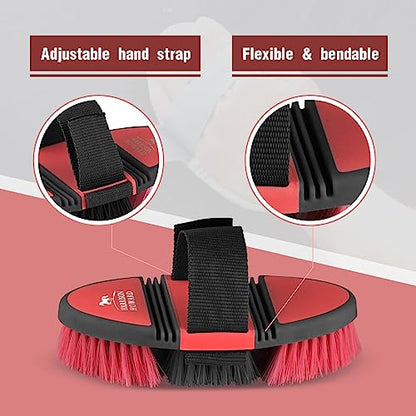 Harrison Howard Flexible Finish Horse Grooming Brush - Bendable and Convenient for Scrubbing, Comfortable Hold in Hand - Red - color: Red