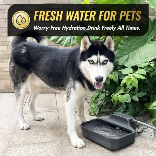 FICUSWIN 135OZ Automatic Water Dispenser for Large Dogs Patented Outdoor Dog Water Bowl Dispenser Automatic Dog Feeder Fit 3/4'' GHT Faucet Dog Waterer Include Water Hose Extra-Large Drinking Area - color: Grey
