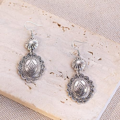 Montana West Rustic Couture's Western Concho Dangle Drop Earrings for Women - color: B-Silver