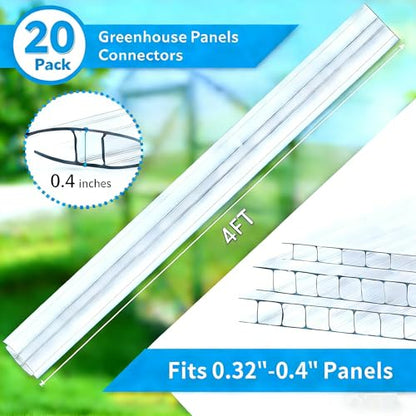 10-Pack 4ft Greenhouse Polycarbonate H-Channel Connectors, Heavy-Duty Twinwall Panel Joiners for 0.32” and 0.4” Panels, Weather Resistant Design, Includes 20 Screws and Work Gloves - size: 4' × 2.32’’ × 0.4’’