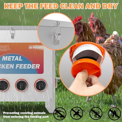 HAYOHRT 85 Pounds Automatic Chicken Feeder 6 Ports Large Gravity Fed Chicken Feeder with Latch & Handle for Chickens Bantams Pheasants Poultry Coop Weatherproof - size: 6 Ports - 85-120 lBS