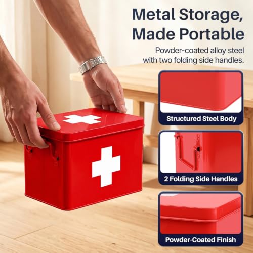 Flexzion Large Metal First Aid Box Empty, 8.5-Inch, Red with White Cross - color: Red, size: 8.5 Inch without Latch Lock
