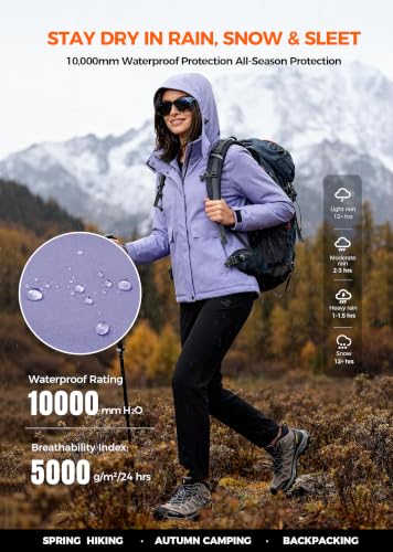 wantdo Women's Waterproof Ski Jacket Warm Fleece Lined Snow Winter Coat | 10000mm Waterproof Snowboard Jacket for Skiing, Hiking, Commute, Removable Hood, 6 Pocket, Windproof Warm -10°F to 50°F - color: Light Purple, size: X-Large