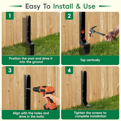 4 Pack Strong Fence Post Repair Kits with One-Piece Steel Anchor & Stakes - color: Black