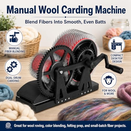 Manual Wool Carding Machine, Hand Crank Drum Carder for Wool Fiber Blending, Combing, Color Mixing, Felting, Spinning, Pom Pom Making and Pet Hair Processing, DIY Fiber Craft Tools