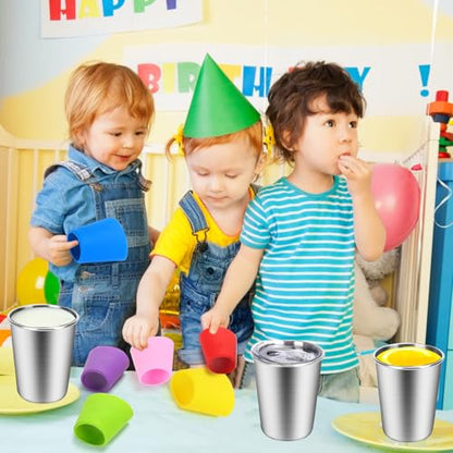 ShineMe Stainless Steel Cups for Kids, 12oz Kids Cups with Stainless Steel Straws and Leak Proof Lids, Unbreakable Metal Tumbler with Colorful Sleeves for Heat/Cold Insulation 6 Pack - color: purple/red/yellow/blue/green/pink