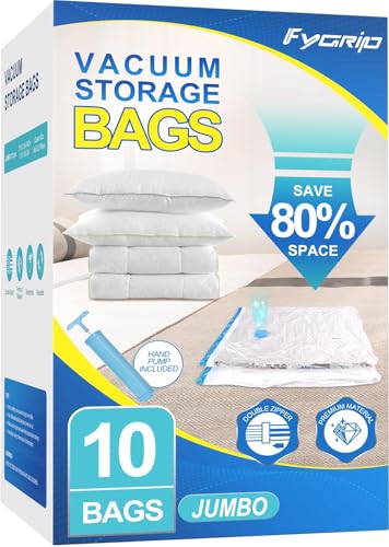 Fygrip 80% Space Saver Vacuum Storage Bags with Hand Pump, 10 Jumbo