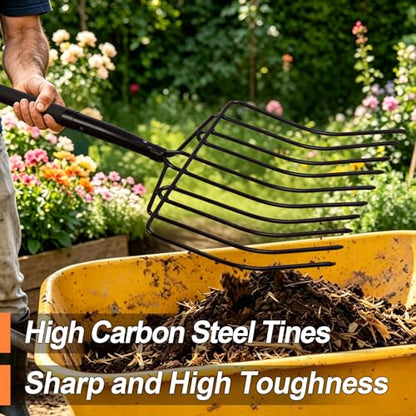 VNIMTI Pitch Fork Heavy Duty, 10-Tine Pitchfork with Fiberglass Handle, 58 Inch Garden Pitch Fork for Hay, Mulch, Compost, Farm and Gardening