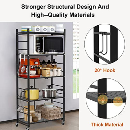 Himix 5-Tier Foldable Storage Shelves with 20 Hooks Wheels Kitchen Black - color: Black, size: 5-Tier