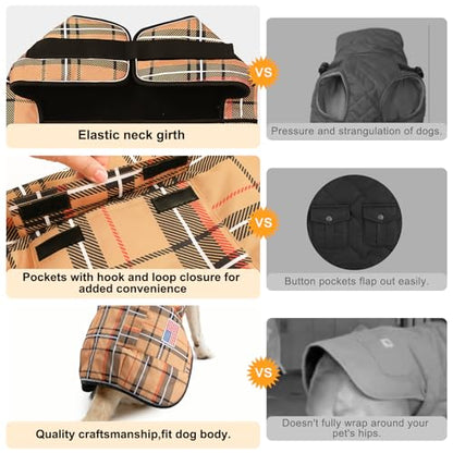 BEAUTYZOO Dog Winter Coat for X-Large Dogs, Waterproof Canvas Jackets - color: Beige Plaid, size: XL(Chest Girth 34"-45", Back 24", Neck 24"-29")