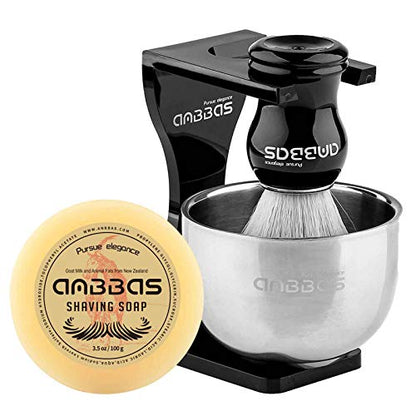 Anbbas Faux Badger Shaving Brush Set with 3.5OZ Milk Shaving Soap and Bowl Stainless Steel,Black Acrylic Shaving Stand Holer for DE Razor Men Close Shave Kit | Synthetic Badger Nylon Bristles Good Water Absorption Skin Friendly No Shedding Morning Persona