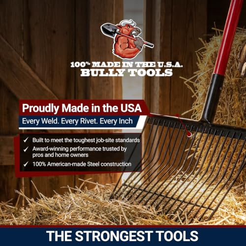 Bully Tools Stall Fork Tool - Heavy Duty 18-Spring Steel Tines Pitchfork with Long Fiberglass Handle, Ideal for Gardening, Farming, Bedding, Yard Cleaning and Transferring Hay - 100% Made in The USA