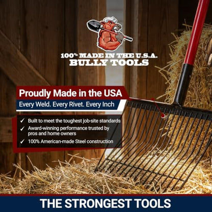 Bully Tools Stall Fork Tool - Heavy Duty 18-Spring Steel Tines Pitchfork with Long Fiberglass Handle, Ideal for Gardening, Farming, Bedding, Yard Cleaning and Transferring Hay - 100% Made in The USA