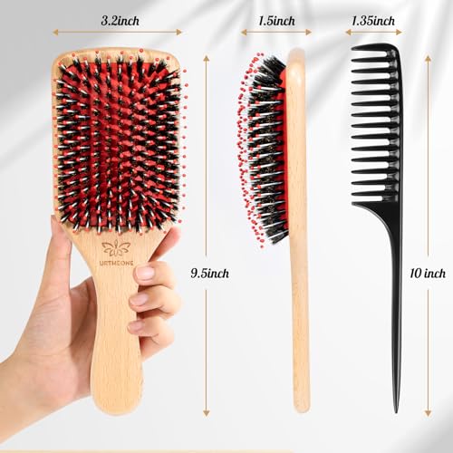 URTHEONE Hair Brush,Boar Bristle Hair Brushes and Hair Comb Set for Women Men Kids, Best Natural Wooden Paddle Hairbrush for Wet or Dry Hair - color: Red