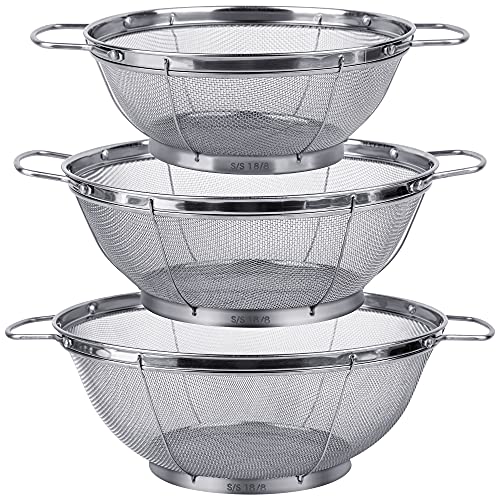 3 Pack 18/8 Stainless Steel Colander Sieves(5-Quart, 4-Quart and 3-Quart), Mesh Strainer Net Baskets with Handles & Resting Base for Strain, Drain, Rinse or Steam - size: 3 Qt. + 4 Qt. + 5 Qt.