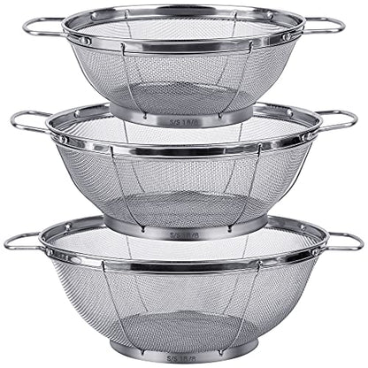3 Pack 18/8 Stainless Steel Colander Sieves(5-Quart, 4-Quart and 3-Quart), Mesh Strainer Net Baskets with Handles & Resting Base for Strain, Drain, Rinse or Steam - size: 3 Qt. + 4 Qt. + 5 Qt.