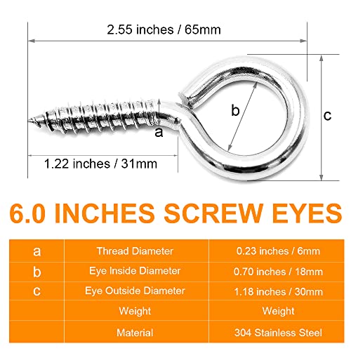 6 Pcs M6 304 Stainless Steel Screw Eye Hooks, 2-1/2 Inches Eyes Screw Hooks,Heavy Duty Screw Eye Bolt,Load Bearing 200LB,Indoor & Outdoor Use