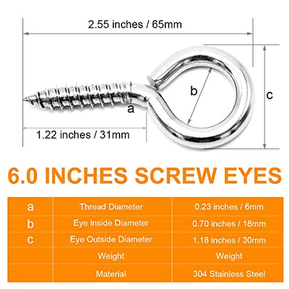 6 Pcs M6 304 Stainless Steel Screw Eye Hooks, 2-1/2 Inches Eyes Screw Hooks,Heavy Duty Screw Eye Bolt,Load Bearing 200LB,Indoor & Outdoor Use