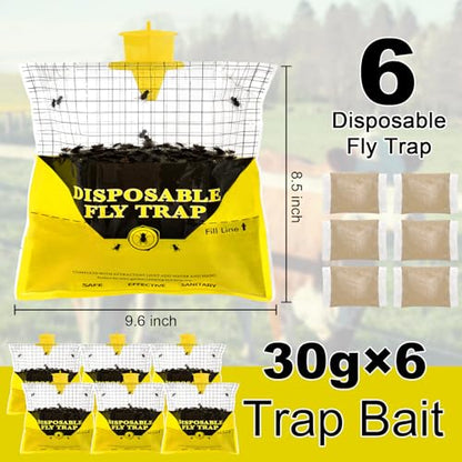 6 Pack Outdoor Fly Trap Bags Hanging - 6 * 30g Bait, Durable, Effective - size: 6 Pack