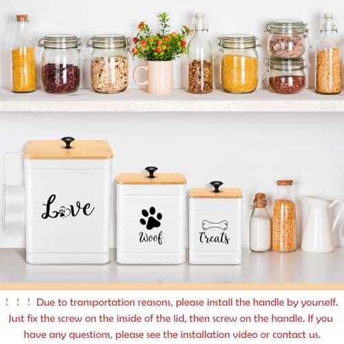 Jingmore Metal Dog Treat Containers Set of 3 with Bamboo Lids and Spoon Airtight 7+3+2 lbs Dog Food Snack Jars with DIY Labels Big Pet Cookie Storage Jar for Kitchen Counter(White,Modern) - color: White, style: Modern