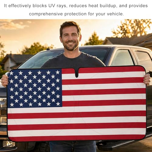 Windshield Sun Shade with American Flag Design, Heat-Insulation Patriotic Auto Sun Shade for Front Windshield, Foldable US Flag Windscreen UV Ray Blocker for Cars Trucks SUVs (Red) - color: Red