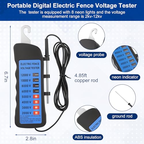 Kingdder Electric Fence Tester Kit, 12kv Neon Voltage Fault Finder (No Battery Required) with 50 Pcs Screw-in Wood Post Insulators for Farm Ranch Polywire Tape, 2000v-12000v(Bolt Kit)