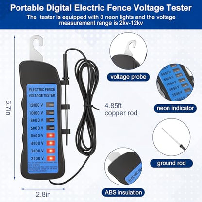 Kingdder Electric Fence Tester Kit, 12kv Neon Voltage Fault Finder (No Battery Required) with 50 Pcs Screw-in Wood Post Insulators for Farm Ranch Polywire Tape, 2000v-12000v(Bolt Kit)