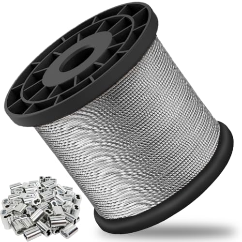 1/16 Wire Rope, 1500FT 304 Stainless Steel Cable with 400Pcs Crimp Sleeves, Aircraft Grade, 7x7 Strand, 368lbs Breaking Strength, for Garden Trellis, Clothesline, Railing,Trellis - size: 1500 ft
